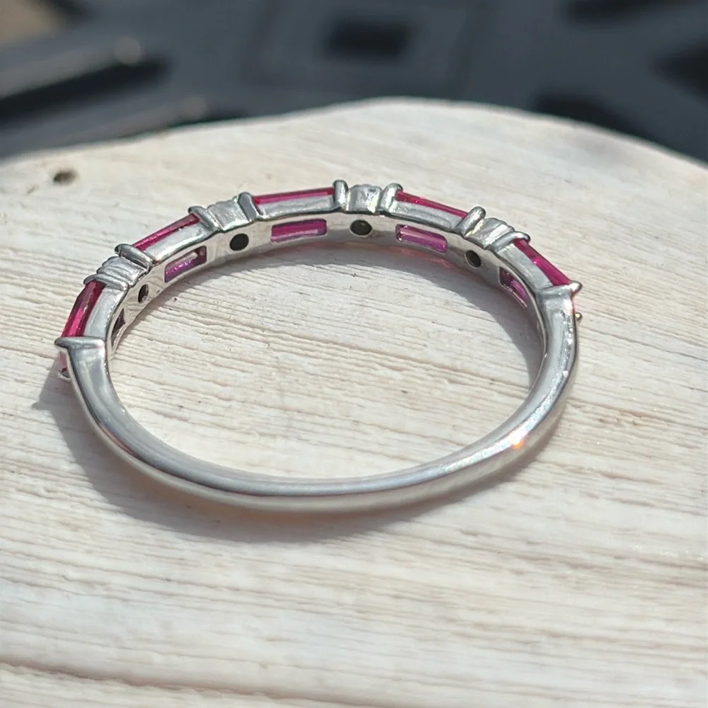 10kt White Gold Baguette Lab Ruby & Natural Diamond Band Ring Stacking Size 7 - Picture 7 of 15